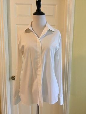 Theory “Precise 2” White Stretch Cotton Hidden Placket Blouse
